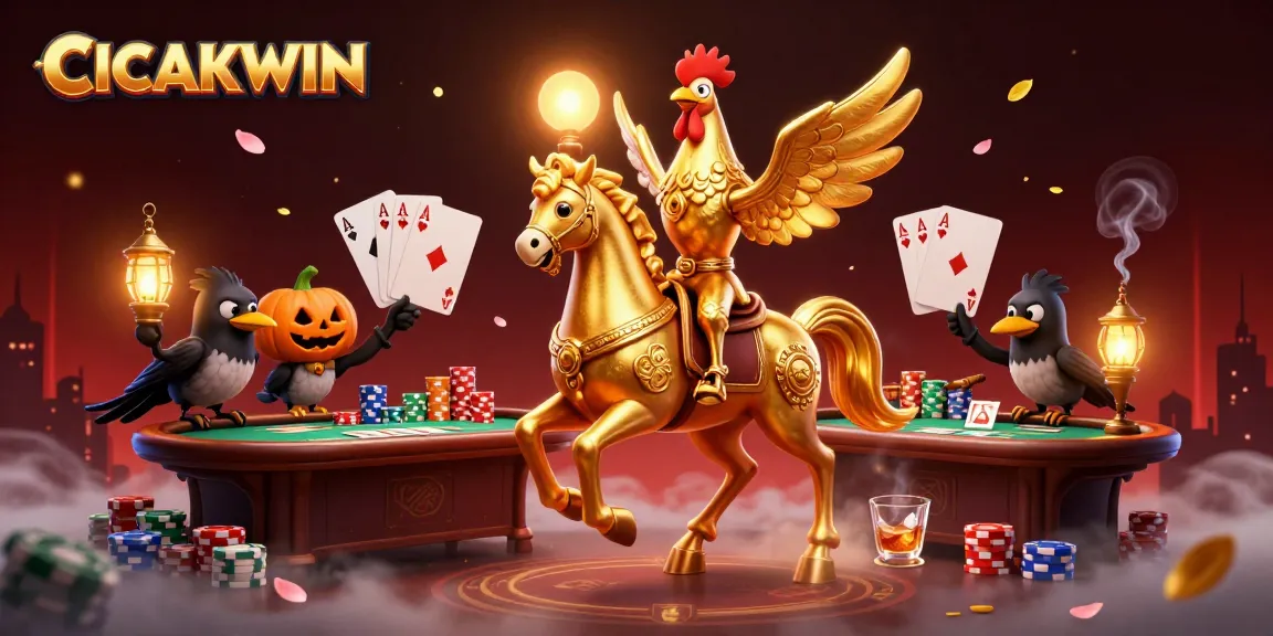CICAKWIN captivates players in a vibrant casino scene with golden rooster characters and dynamic poker elements.