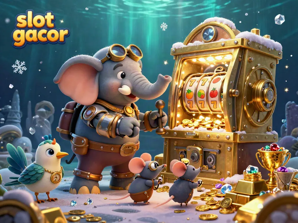 Engage with slot gacor gameplay, featuring a steampunk elephant engineer operating a colorful slot machine amid a treasure-filled scene.