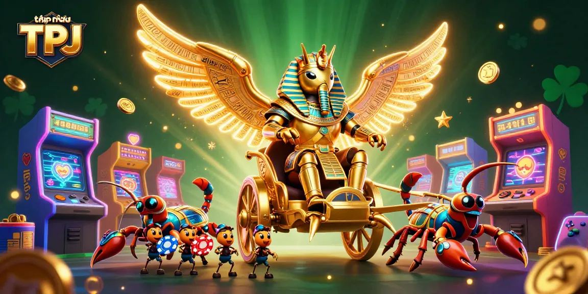 The tập đoàn TPJ entertainment scene features a golden scarab beetle alongside scorpions and chip-carrying ants, enhancing gaming excitement.