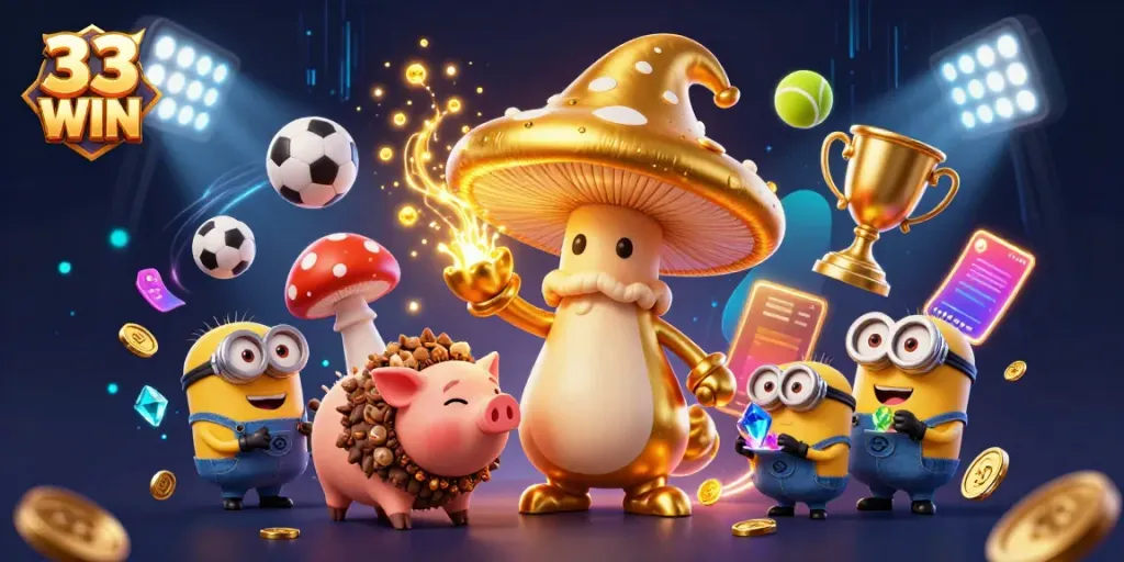 Play exciting games at 33 WIN, where golden mushroom wizards and treasures collide in a vibrant casino adventure.