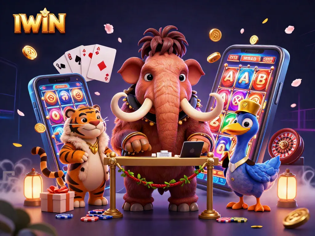 IWIN casino scene featuring a woolly mammoth bouncer and a saber-tooth tiger VIP guest among dynamic gaming elements.