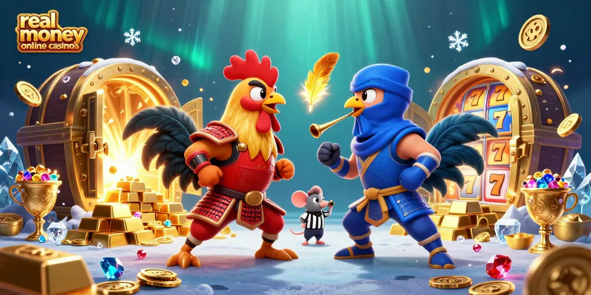 Engaging scene showcasing real money online casinos with 3D roosters and treasures in action.