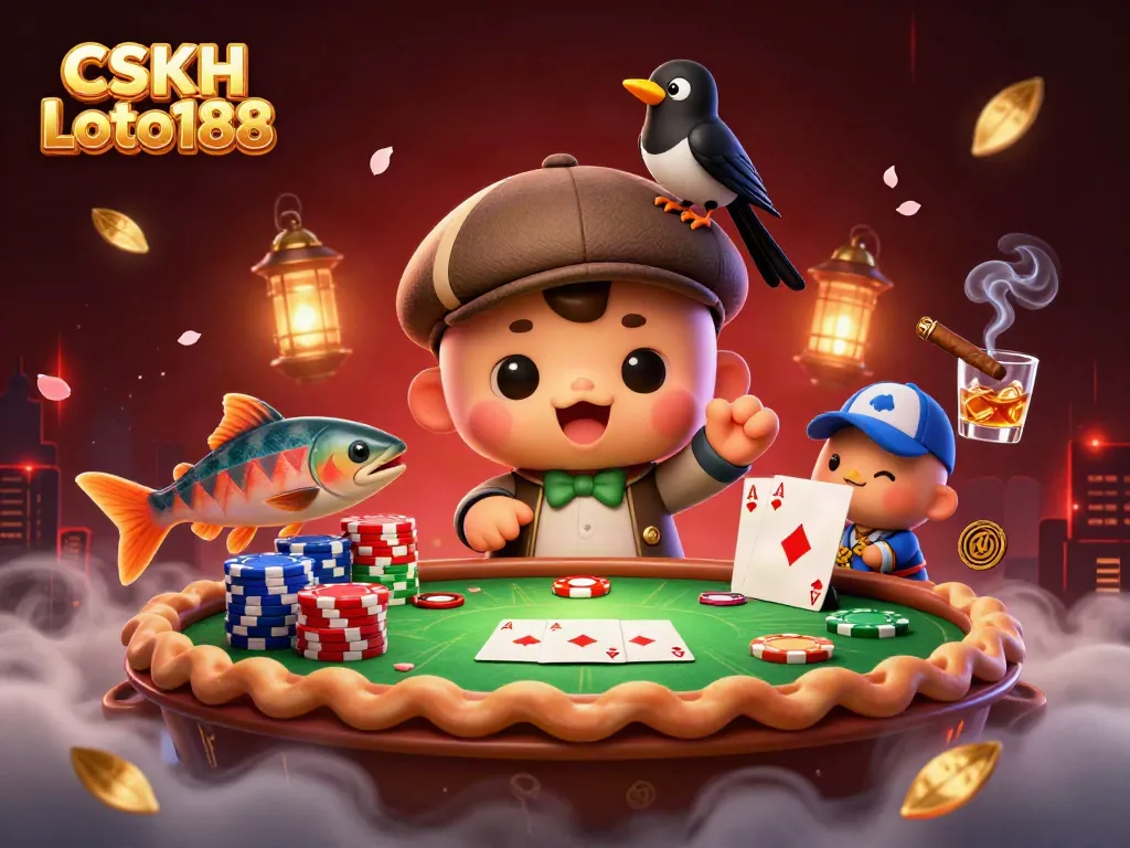 Experience CSKH Loto188 with playful characters amidst poker action and vibrant elements.