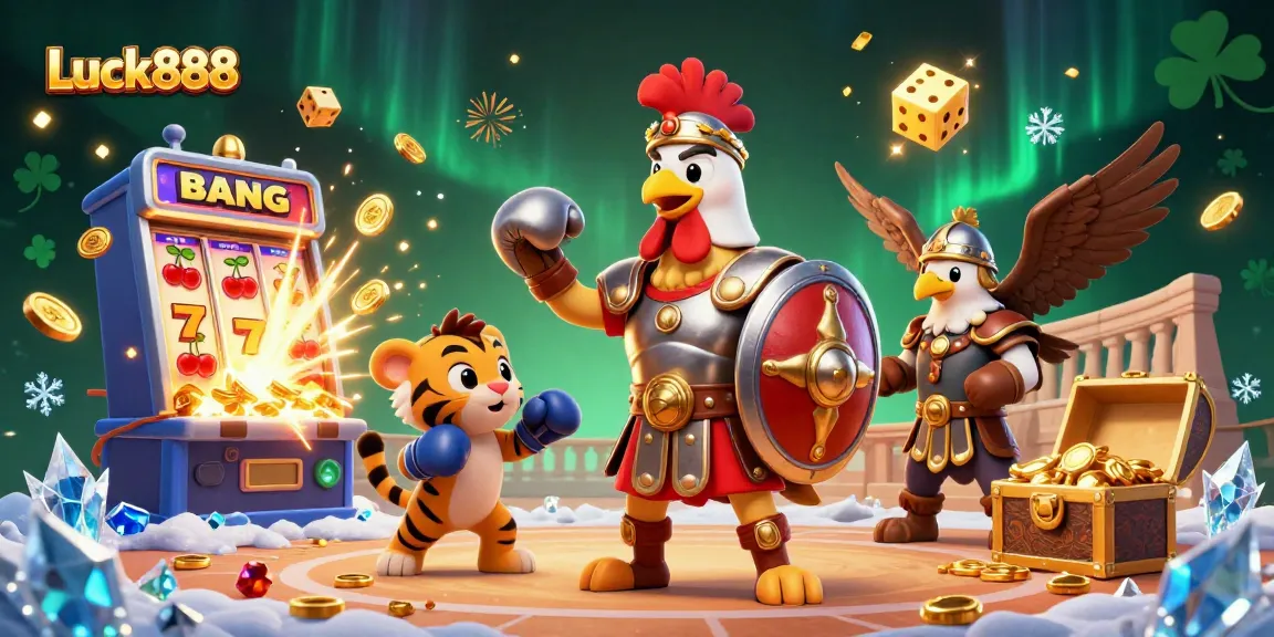 Experience the excitement of Luck888 with a vibrant slot machine explosion and engaging casino elements.