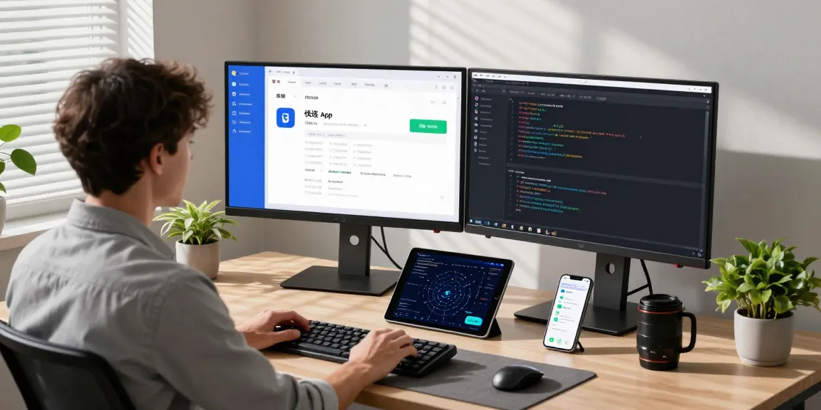 快连 app showcased in a modern tech workspace with dual monitors, creating a professional and focused environment.