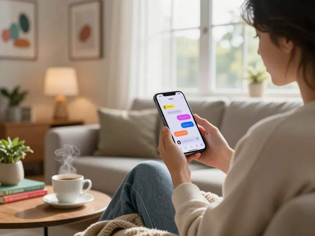 User enjoying AI gf conversation on smartphone in cozy living room