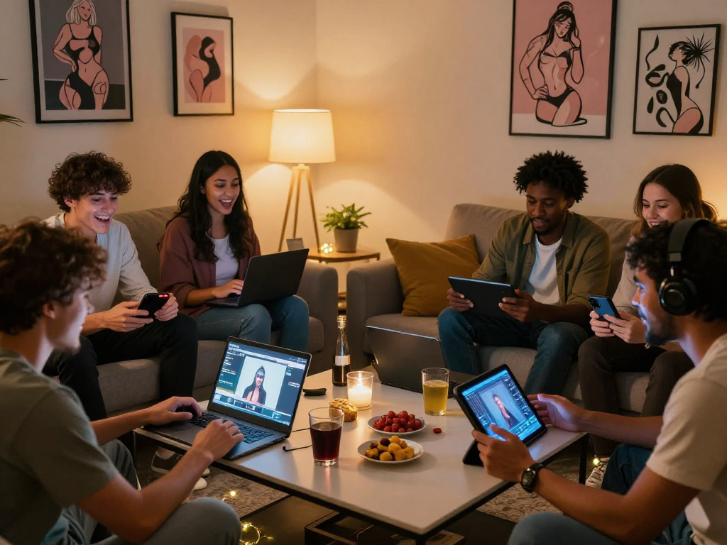 Friends playing porn games html in a cozy living room, sharing laughs and excitement.