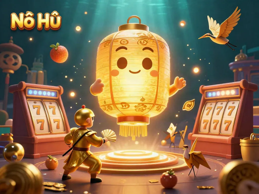 Nổ Hũ spins in a vibrant casino atmosphere with unique lucky icons and character interactions.