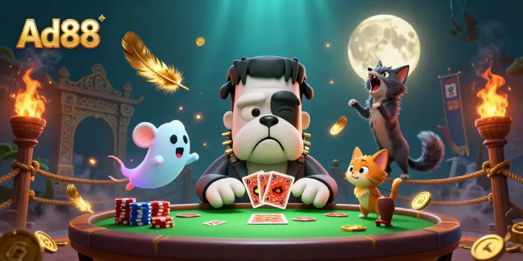 Ad88 showcases a playful casino scene with a Frankenstein bulldog dealer and magical elements.
