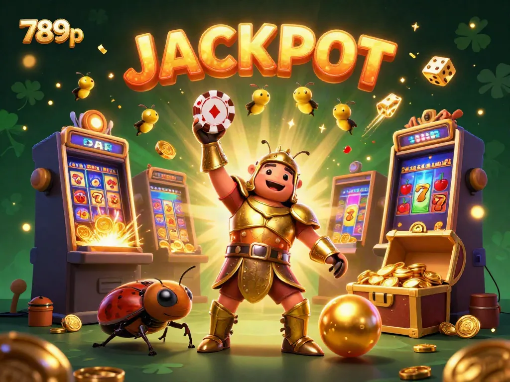 Experience the excitement of 789p with a victory scene of a beetle champion, jackpot symbols, and dynamic casino elements.