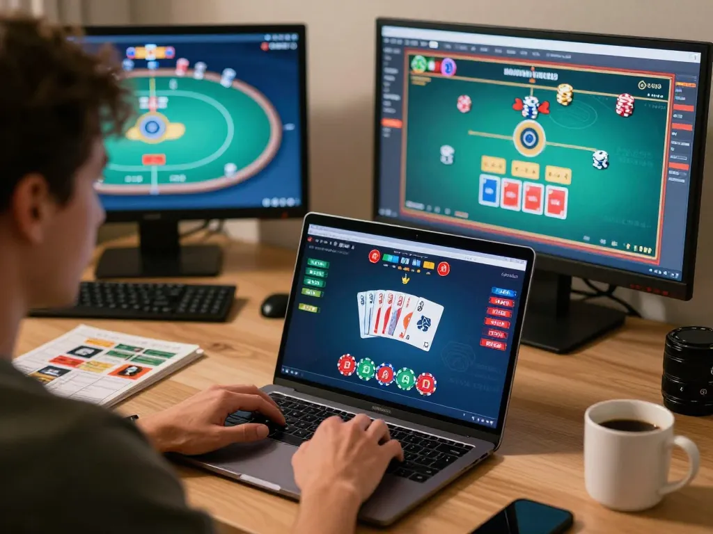 B52Club players engaging in strategic online poker gameplay from a cozy home office
