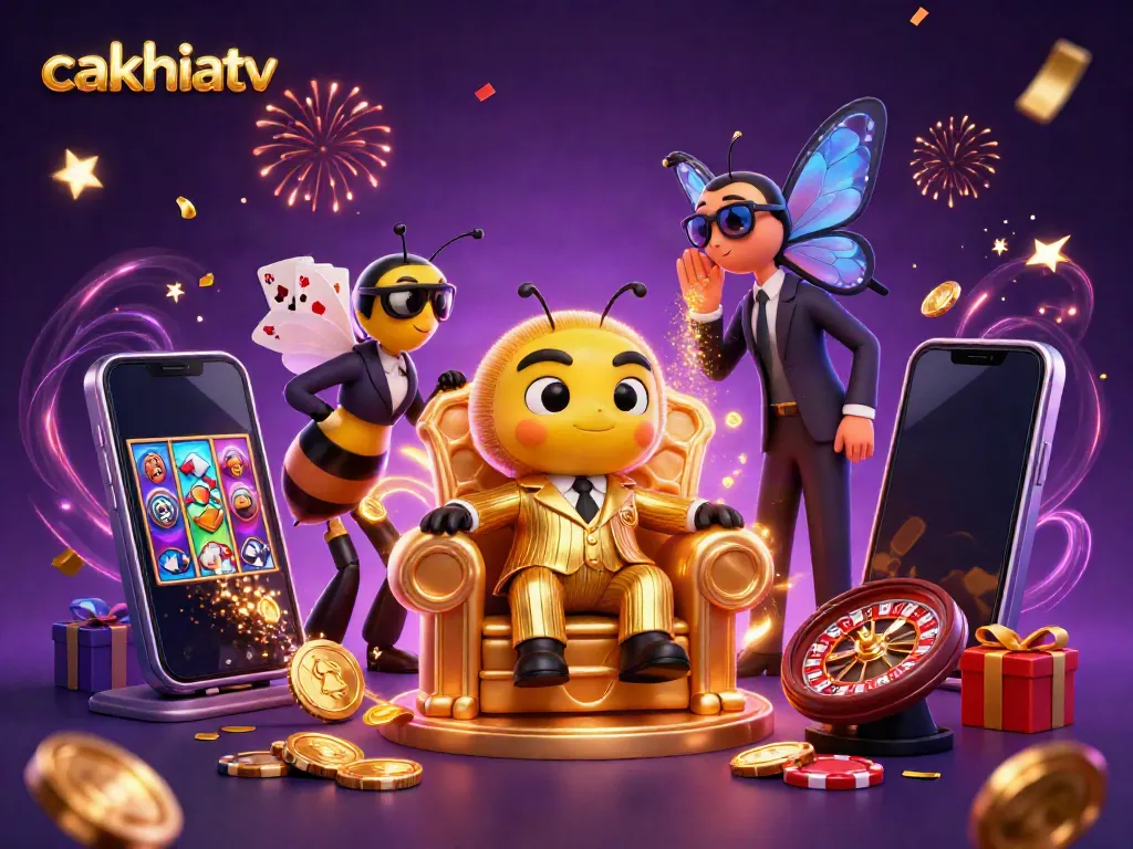 CakhiaTV's vibrant gambling illustration featuring bumblebee mob boss and casino games