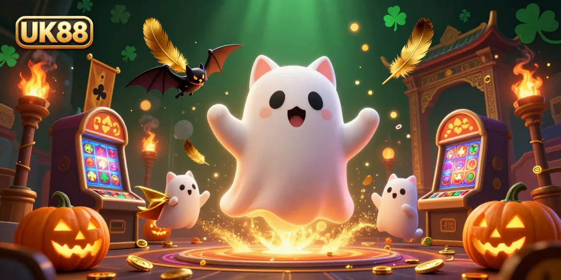 Engage in thrilling gameplay at UK88, where a ghost cat and vampire bat explore a vibrant casino atmosphere filled with excitement and winning chances.