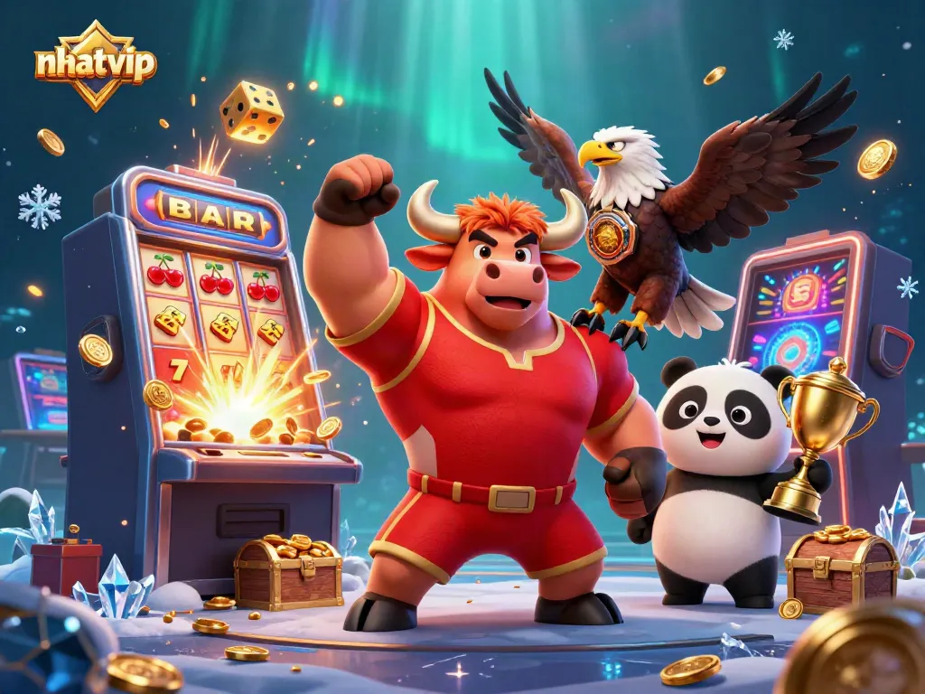Nhatvip offers an exciting online casino experience with vibrant characters celebrating wins amidst a jackpot explosion.