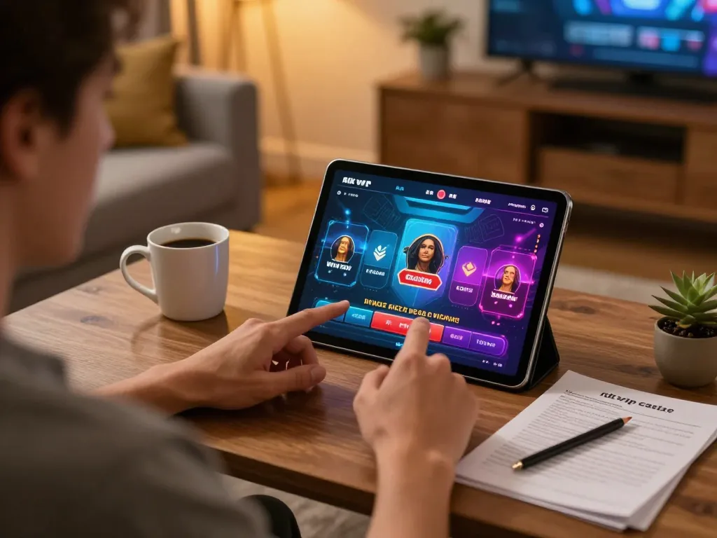 Player engaging with the rik vip app on a tablet, showcasing home online gambling experience.