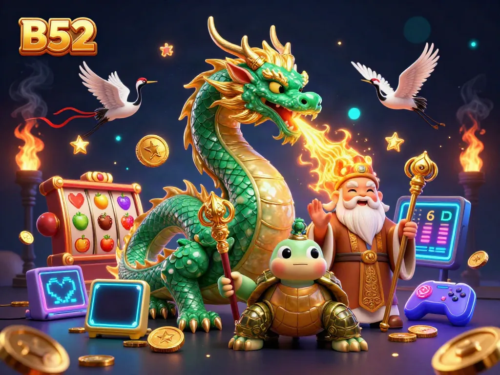 Engage with the mystical B52 dragon and sage in a vibrant casino illustration.