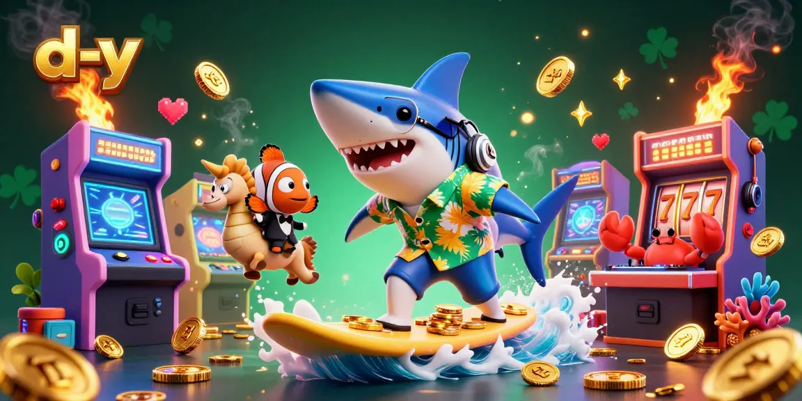 Engage with thrilling gaming action on d-y as a shark surfs golden coins, showcasing a vibrant casino atmosphere.