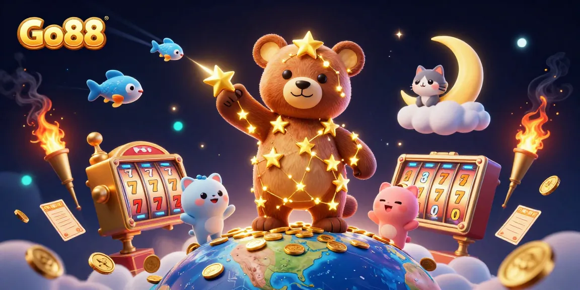 Engage with Go88's thrilling slot games as a constellation bear gathers coins under a starry night.