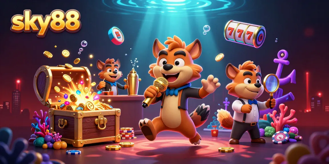 Engage with sky88’s vibrant casino world featuring hyenas hosting comedy, mixing drinks, and checking IDs.