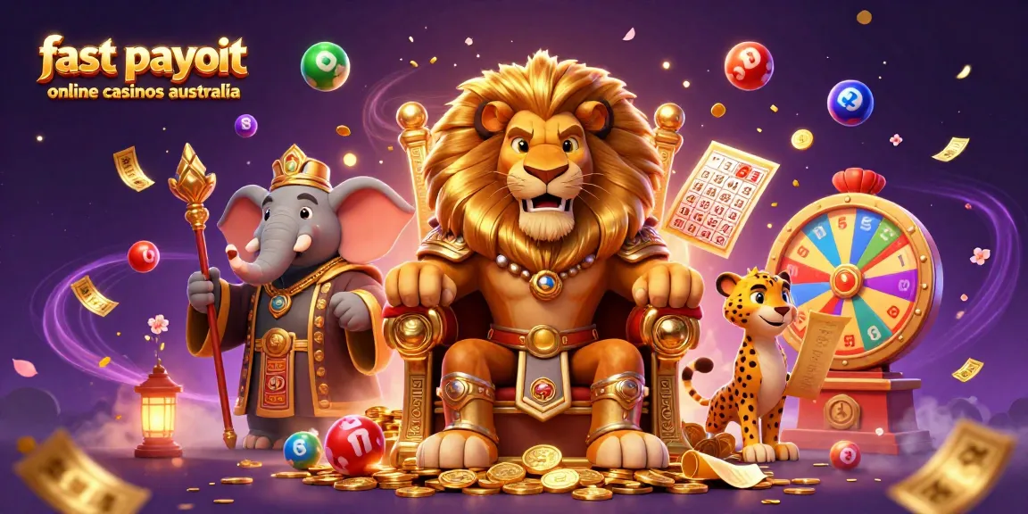 Experience fast payout online casinos Australia with a royal scene featuring a lion king, wise elephant, and a cheetah.