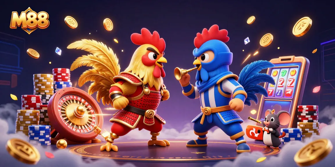 Engage in thrilling M88 gameplay featuring cartoon roosters in a standoff among dazzling casino elements.