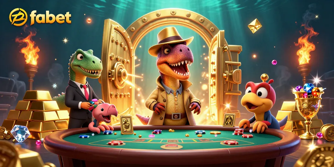 Fabet showcases a playful velociraptor at a blackjack table in a vibrant casino scene.