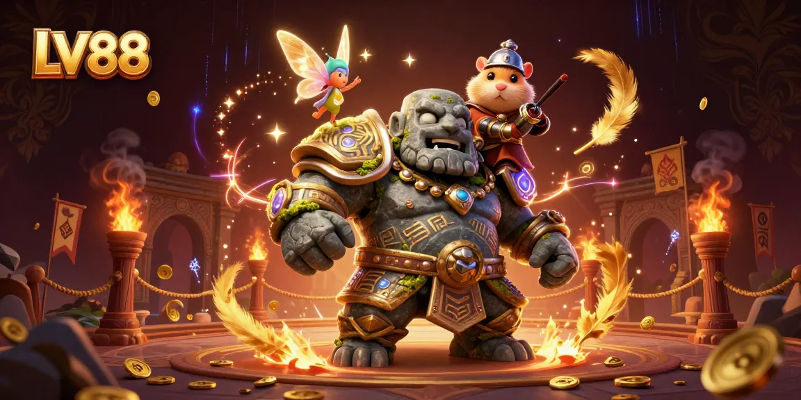 Bet on LV88's thrilling games with a magical 3D illustration of a golem and fairy.