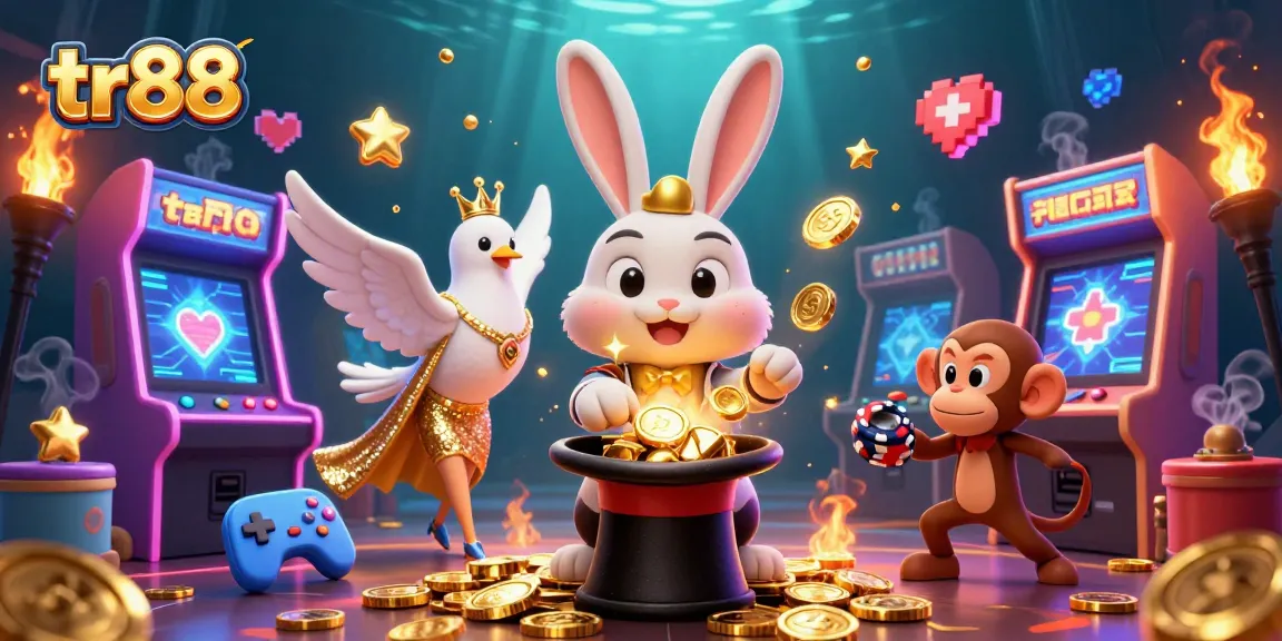 Experience tr88's vibrant casino world with a 3D rabbit magician, dove, and playful monkey.