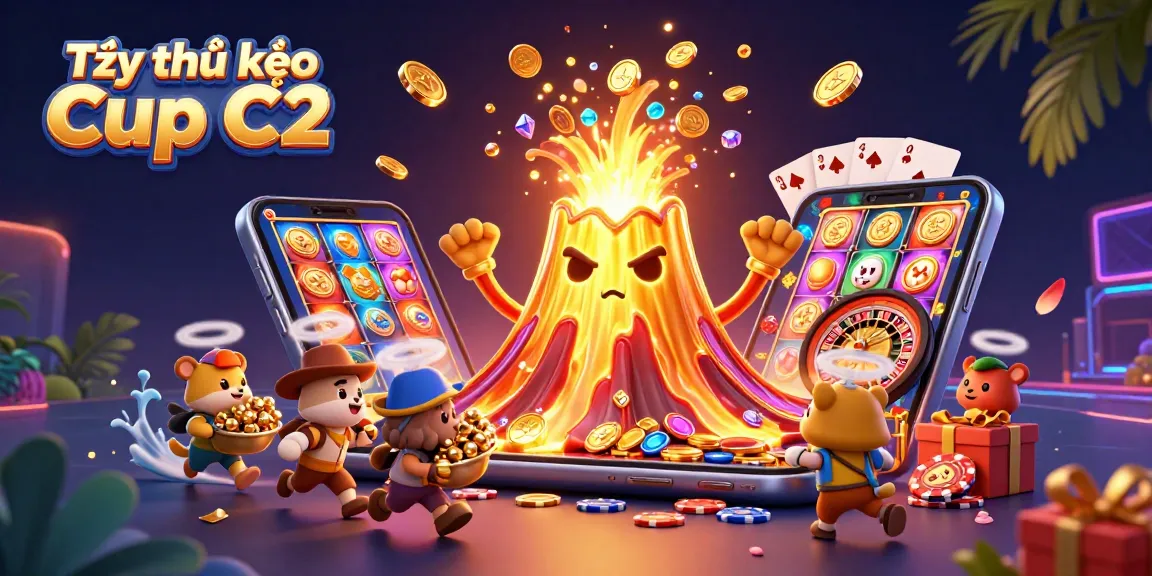 Bet on Tỷ lệ kèo Cup C2 as golden coins erupt from a triumphant volcano amidst vibrant casino elements.