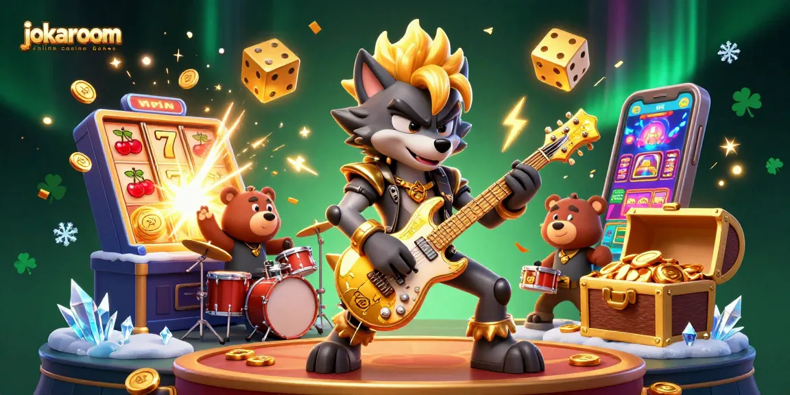 Experience the exhilarating jokaroom online casino bonus with our vibrant casino scene featuring a rock star wolf.
