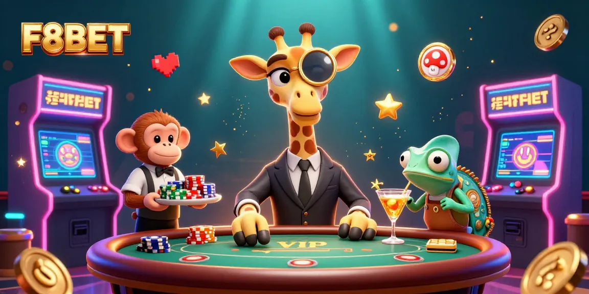 Experience the thrill of F8BET with high-roller giraffe, monkey valet, and chameleon bartender in a vibrant casino scene.